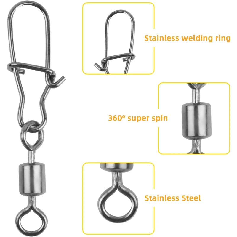 Boutons-pression pivotants de pêche 4 # -12 #   Kit de connecteurs Duo-Lock à roulement roulant en acier inoxydable, matériel pour leurre d'eau douce et d'eau salée, 50 à 200 pièces