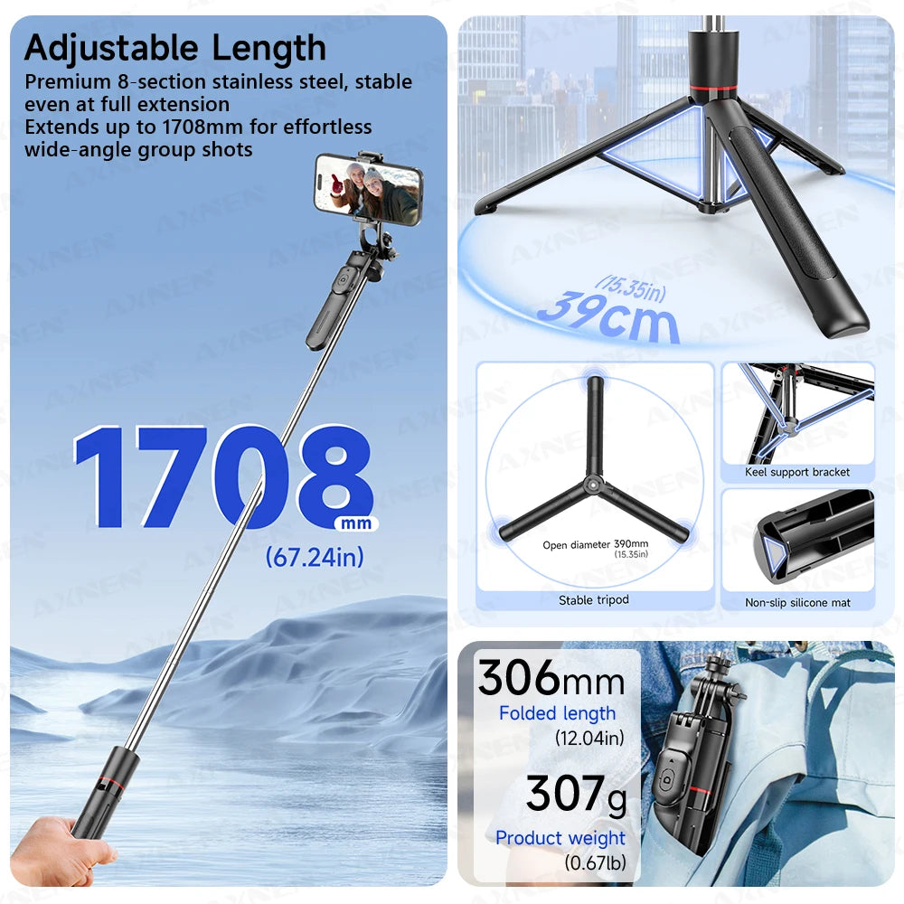 Perche à selfie trépied 1708mm avec télécommande Bluetooth — rotation 360°, interface 1/4", lumière optionnelle