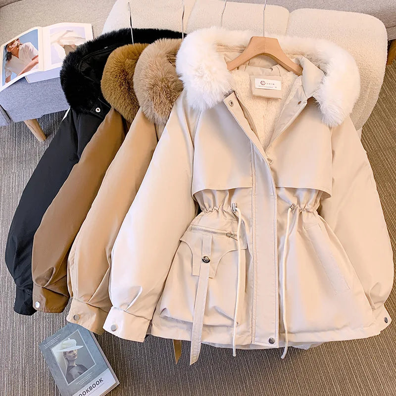 Chaqueta de invierno con capucha forrada de lana para mujer, abrigo cálido acolchado con cordón, Parkas coreanas informales, ropa de calle abullonada