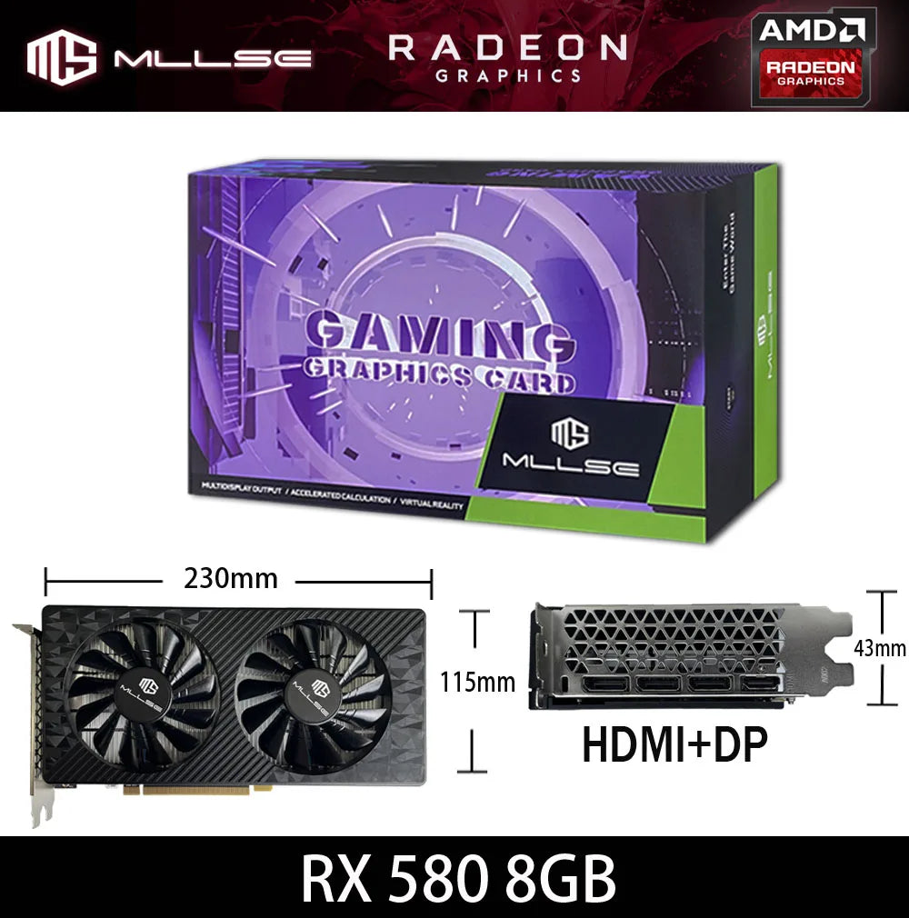 MLLSE AMD RX 580 8GB 2048SP carte graphique De jeu GDDR5 256Bit PCI-E 3.0 × 16 8Pin Radeon GPU Rx 580 carte vidéo Placa De vidéo