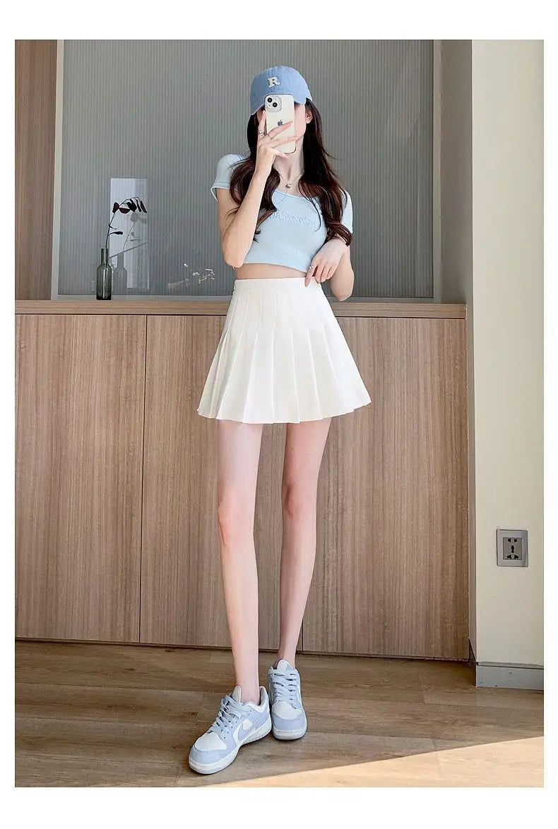 Mini jupe plissée avec short pour femmes, taille haute, ligne a, jupe patineuse, blanc, noir, rose, uniforme scolaire sportif, nouvelle mode, offre spéciale