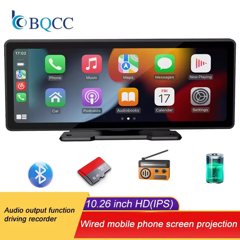 BQCC-Pantalla portátil inalámbrica Carplay, cámara trasera HD, autorradio DVR, reproductor de vídeo MP5, Android Auto, 10.26 pulgadas