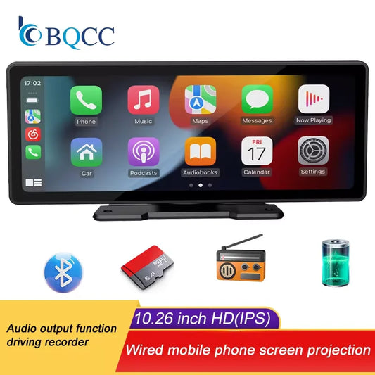 BQCC - Portable Wireless Carplay Screen, HD Rear View Reversing Camera, Car DVR Radio, MP5 Video Player, Android Auto, 10.26 Inches