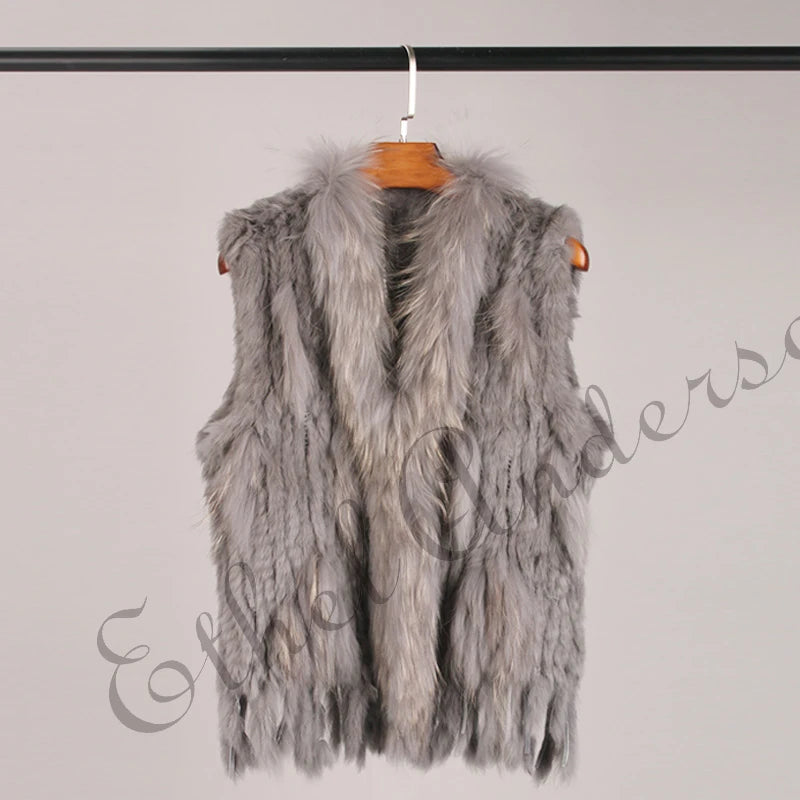 ETHEL ANDERSON – Chaleco con borlas de piel de conejo auténtica, chaleco de punto de alta calidad, vintage, de piel de mapache, ropa de abrigo