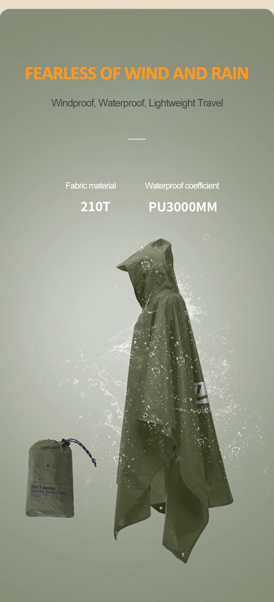 Manteau imperméable d'extérieur 3 en 1, manches longues à capuche, Poncho de pluie imperméable pour moto, Camping, randonnée, voyage, tente