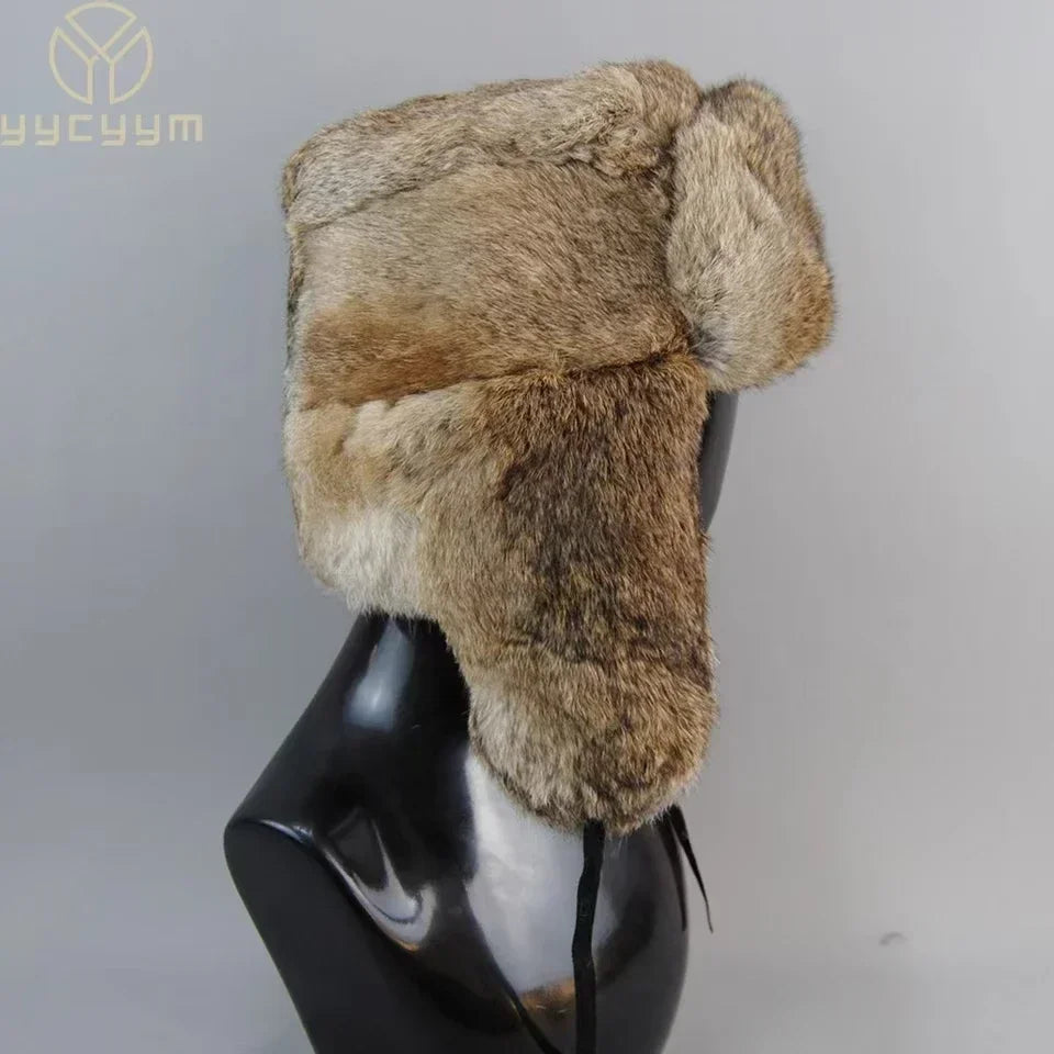 Gorro de piel de conejo para hombre, invierno, 100% piel auténtica, estilo aviador, cortavientos, cálido, con orejeras, color liso, gris/negro, ruso, ajustado