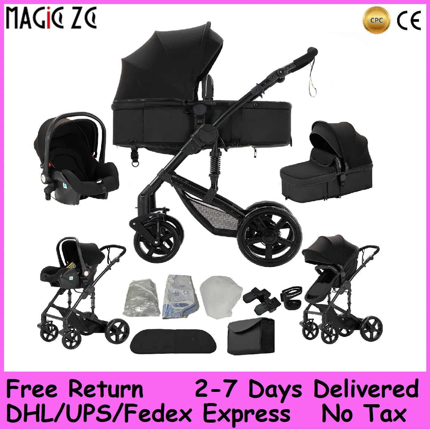 Lightweight baby stroller with aviation-grade frame, 360° swivel wheels, adjustable backrest, removable cushion, and storage basket