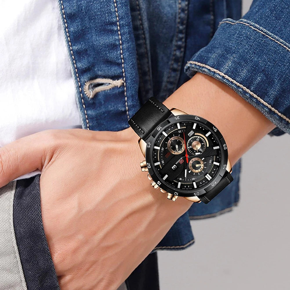 Montre à quartz en cuir pour homme, style sport, grand, décontracté, mode, original, noir, rose, or, calendrier, 46mm