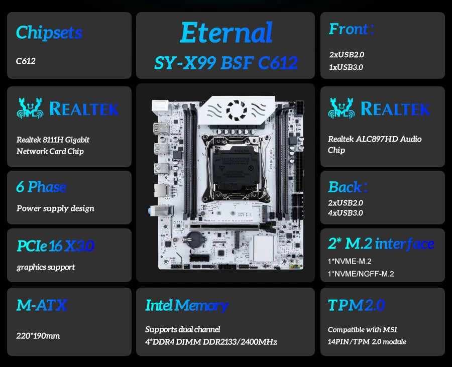 SOYO X99 jeu de carte mère C612 Chipset TPM2.0 broche avec E5 2680 V4 CPU et DDR4 16G (2*8G) 2133MHz RAM PCIE3.0 pour ordinateur de bureau