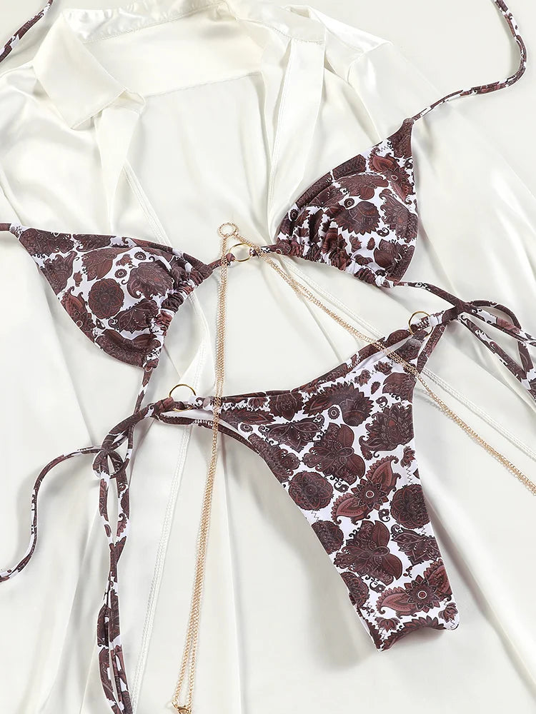 Sexy Triangle chaînes Bikini ensembles Micro tongs maillot de bain femmes maillot de bain Biquini pansements de plage maillot de bain imprimé string Bikini