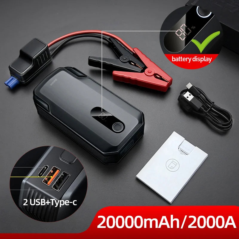 Baseus 20000mAh démarreur de saut de voiture batterie externe 2000A 20000mAh chargeur de batterie de voiture Auto Booster d'urgence dispositif de démarrage démarrage de saut