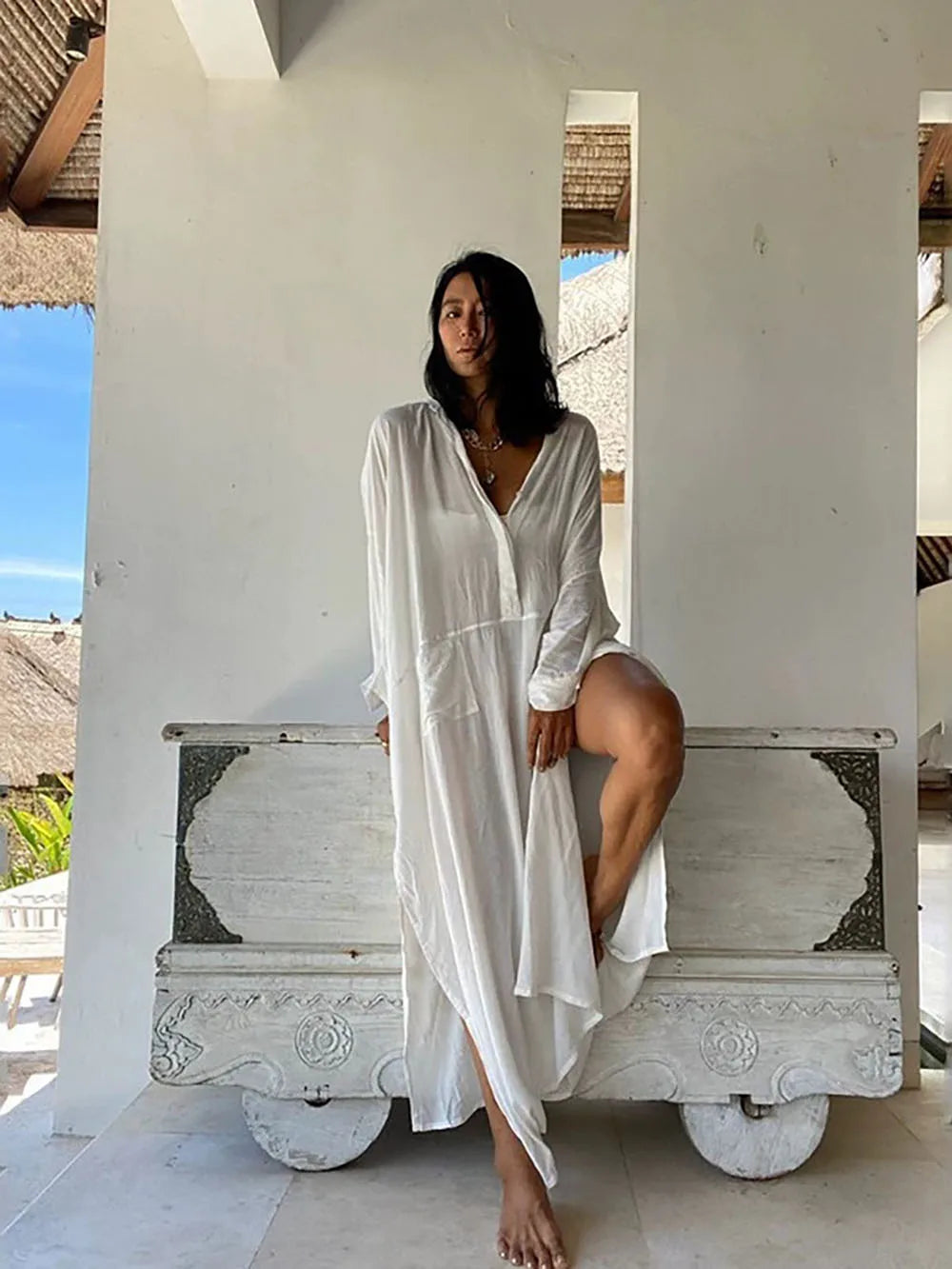 Robe de plage tunique cache-maillot pour femme 2026, en coton blanc uni, col montant, paréo, tenue de plage