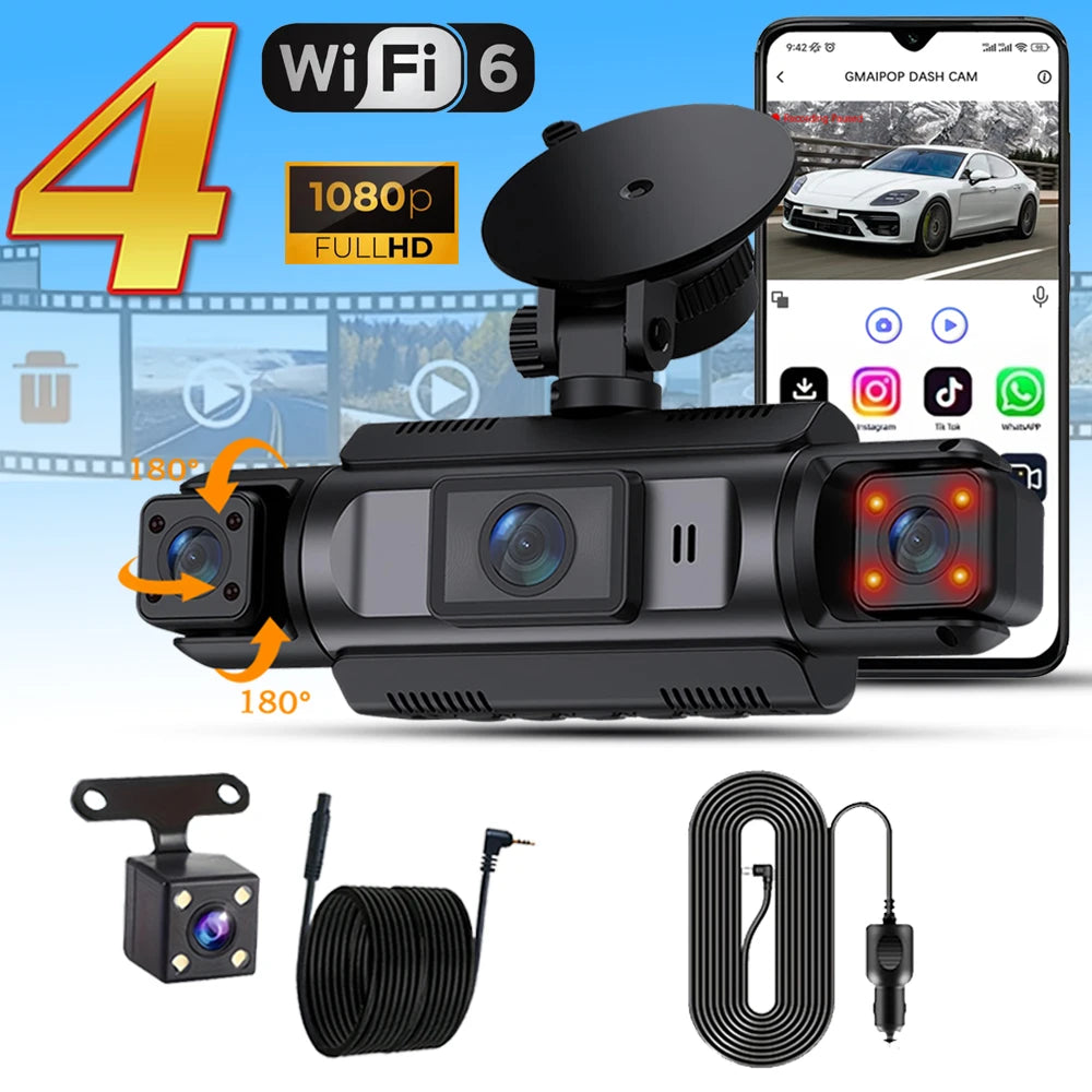 Dashcam WiFi 4 Canaux FHD 1080P — Boîte Noire Vision Nocturne Kit Câbles Rigides