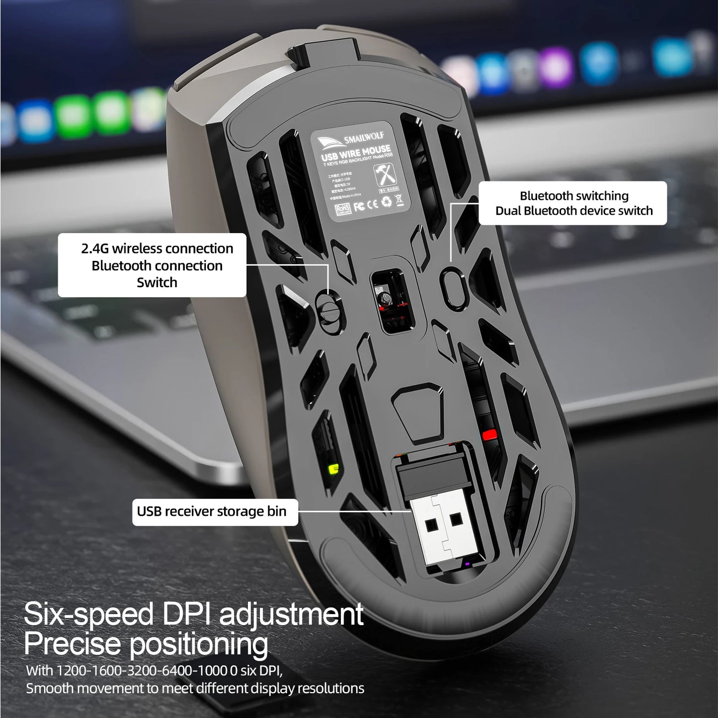 SmailWolf RS8 Bluetooth sans fil 2.4g souris de jeu triple mode léger e-sports jeu 1K taux de retour 10000DPI ordinateur
