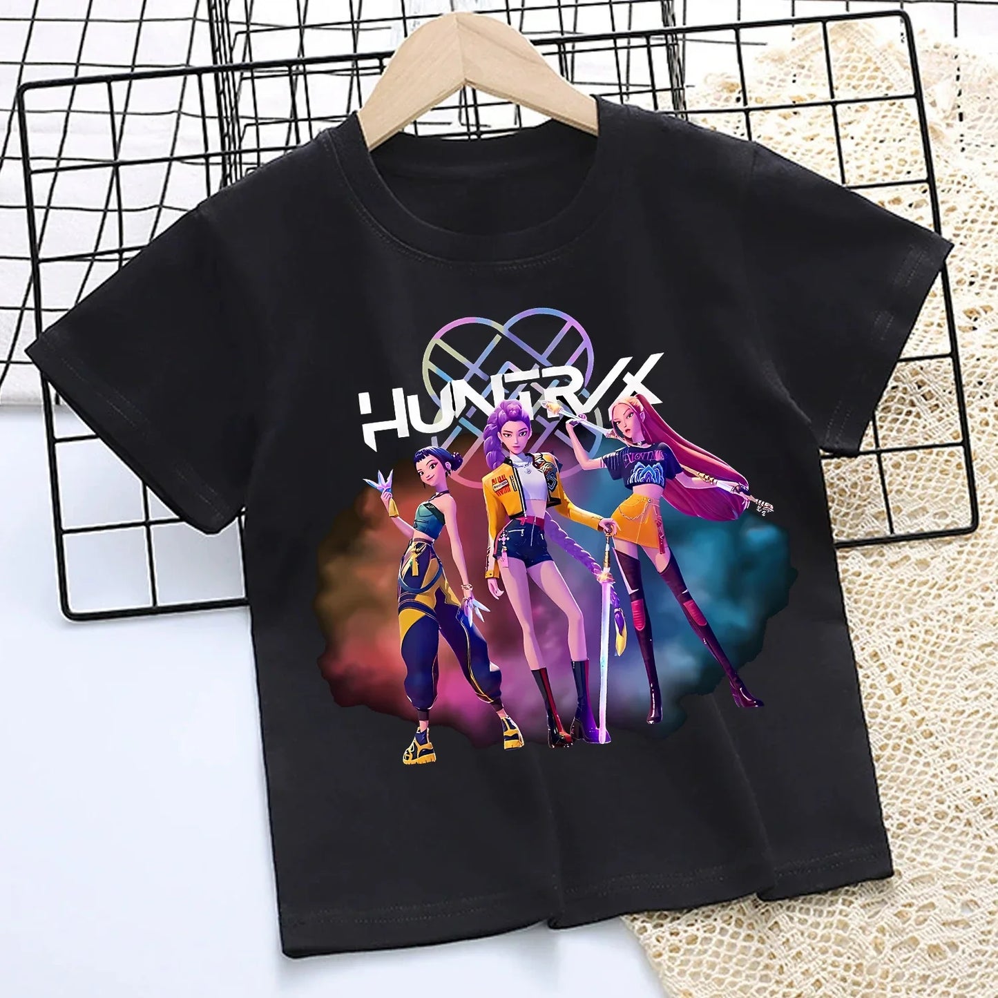 Camiseta de K-Pop Demon Hunters para niños, camiseta negra de dibujos animados para niñas, cuello redondo, ropa de manga corta