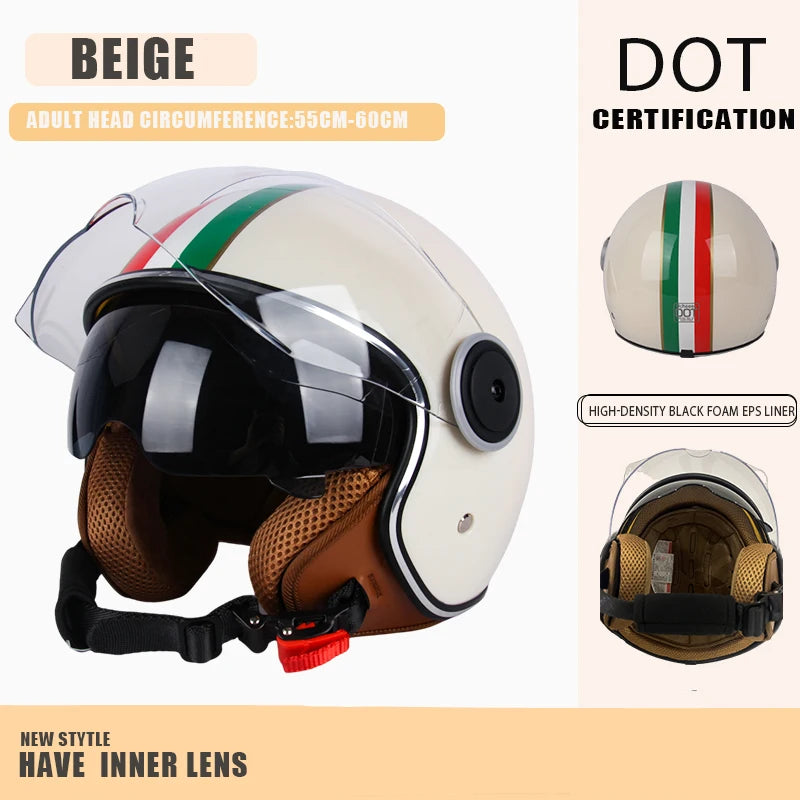 DOT - Vintage Open Face Motorcycle Helmet, Retro 3/4, Cruise, for Men and Women