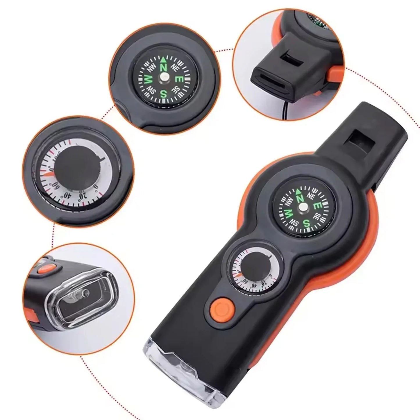Sifflet de survie 7 en 1 avec lumière LED, indicateur de direction et thermomètre, kits d'urgence portables pour l'extérieur, pour la randonnée et le camping