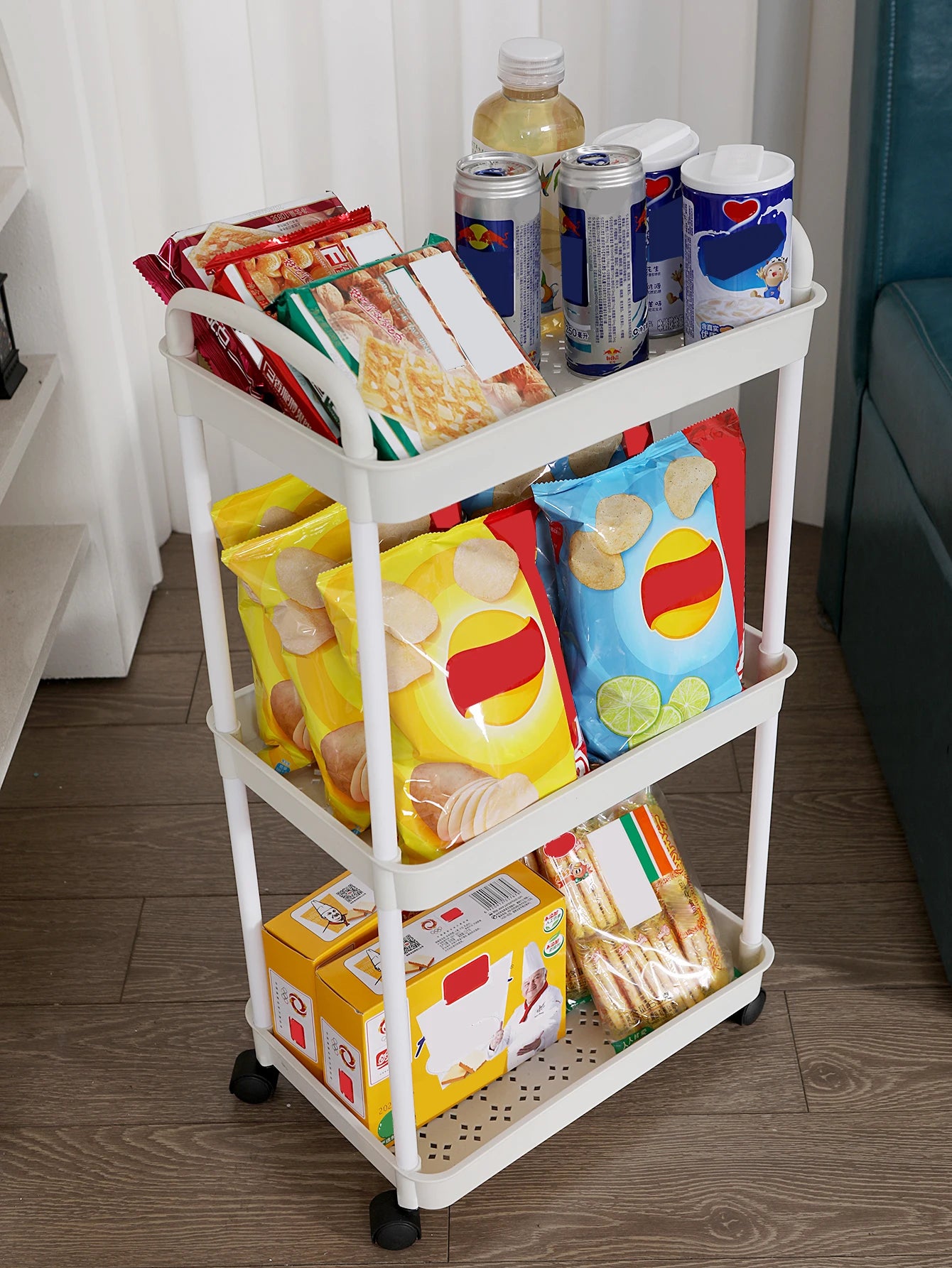 Plastic Rolling Utility Cart with Handle, Storage Cart for Office, Living Room, Kitchen, Mobile Storage Assessment with Wheel