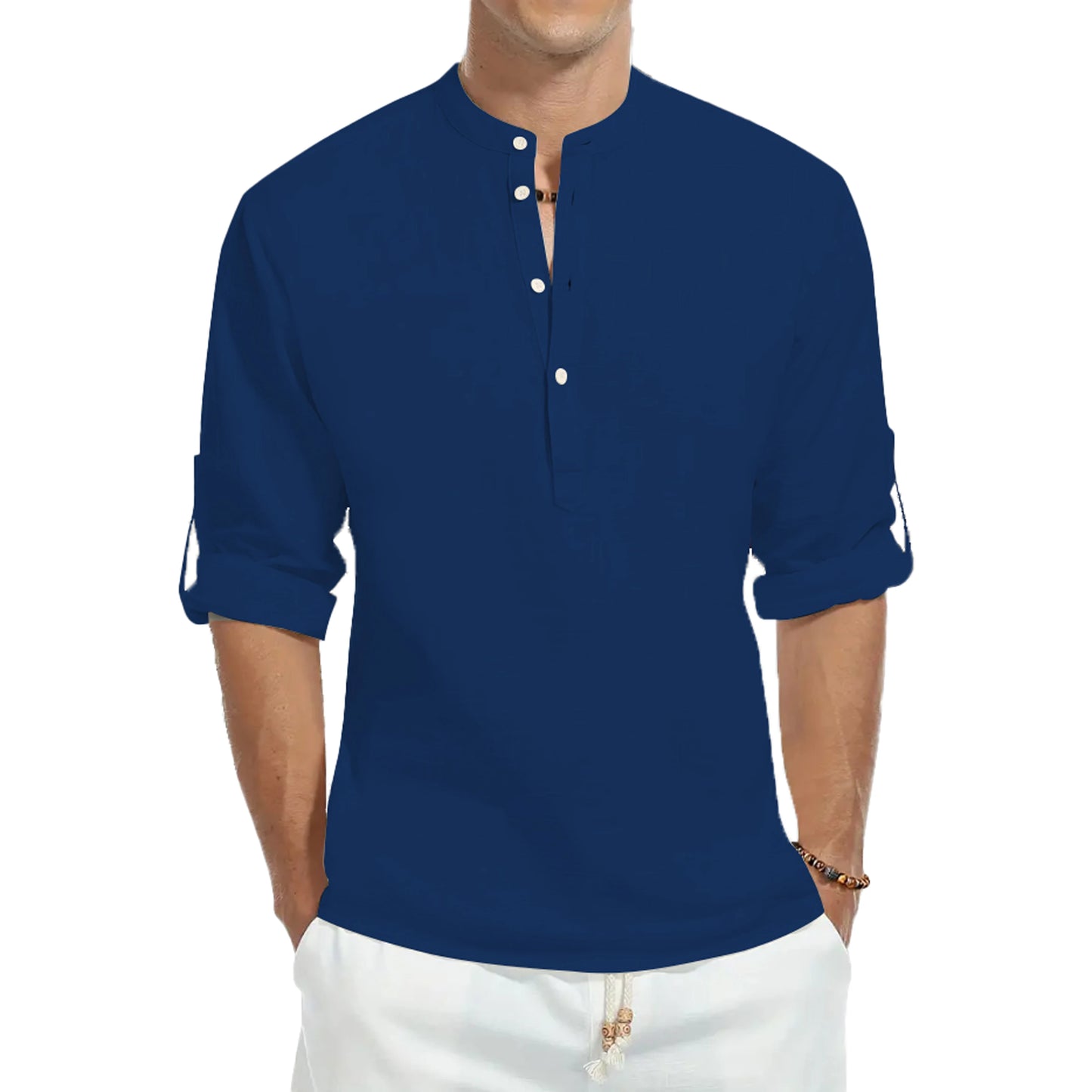 Casual Shirts, Men's Cotton Loose Shirts, Fashion Stand-up Collar Solid Color Long-sleeved T-Shirts, Handsome Slim Fit Tops