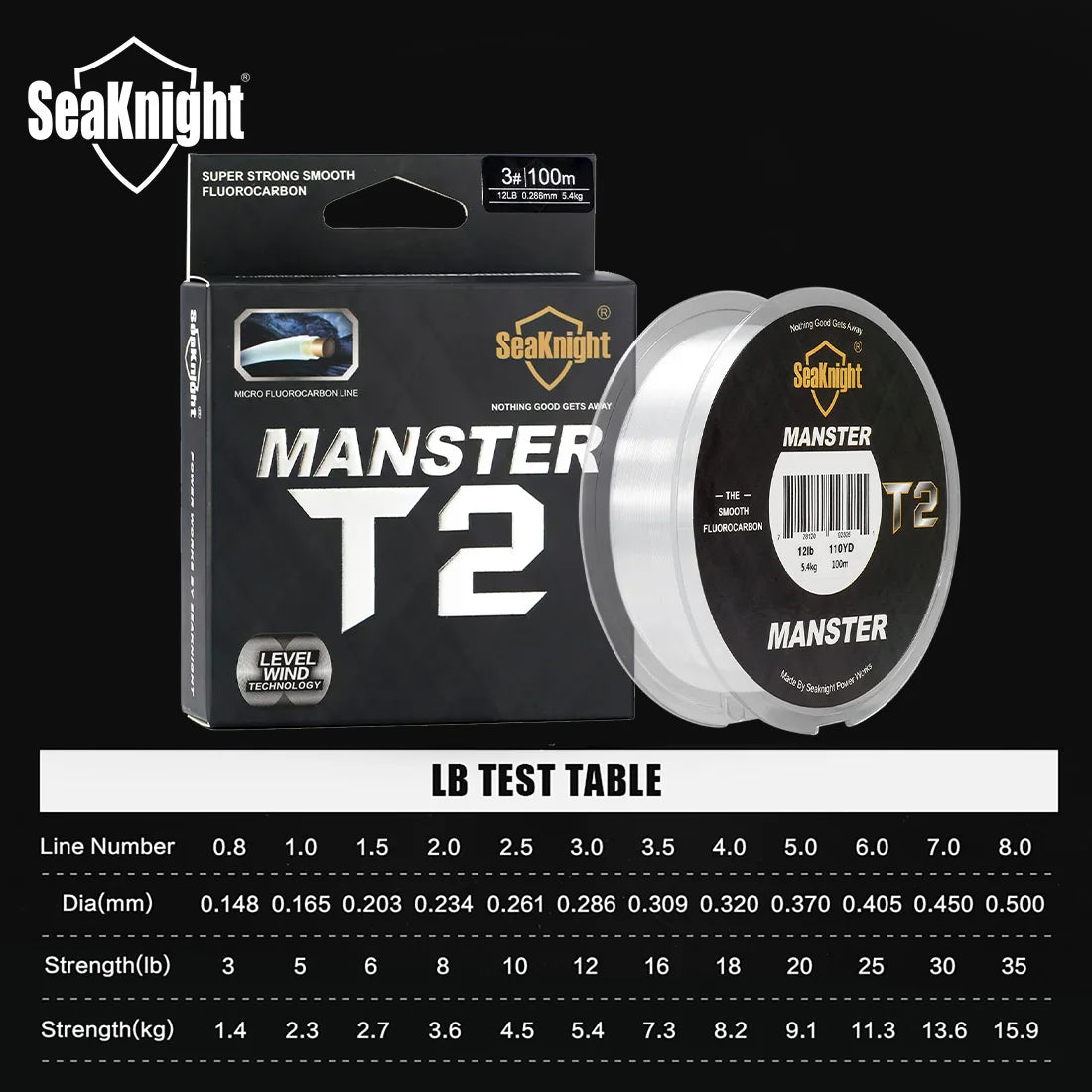 SeaKnight marque MANSTER T2 série 100% ligne de pêche en fluorocarbone 100M, ligne en Fiber de carbone 3-35LB mise à niveau ligne coulante pêche en mer