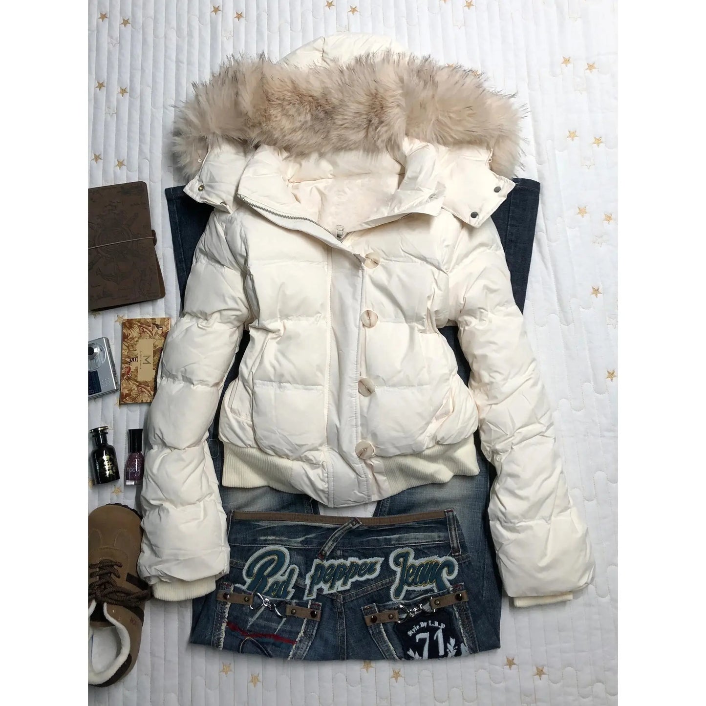 Women's retro American warm fur-collared solid color hooded cotton coat, loose casual slim winter cotton coat jacket