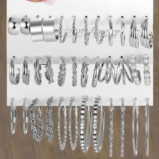 Boho Silver Color Twist Earrings Set Brincos Heart Pearl Hoops Vintage Metal Geometric Earrings for Women Trendy Jewelry