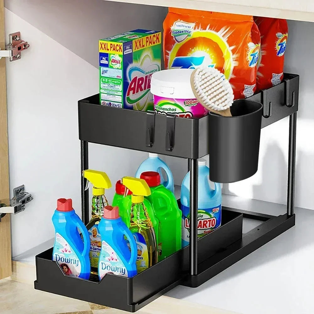 2-Tier Multifunction Kitchen Sink Organizer, Sliding Cabinet Basket with Hooks, Hanging Cup, New Space-Saving Stand for Bathroom and Kitchen