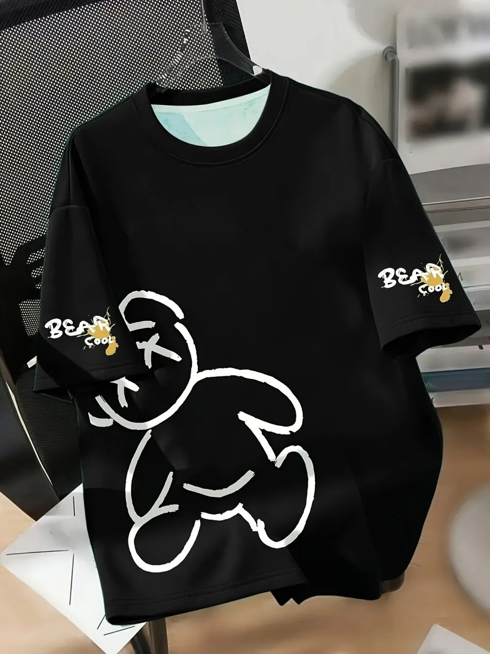 Camiseta de verano transpirable con cuello redondo para hombre, con estampado de oso de dibujos animados, adecuada para regalos diarios y de fin de semana para amigos.