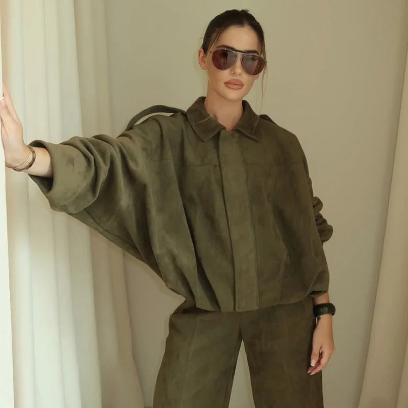 HXAO femmes Bomber veste revers fermeture éclair manches longues veste en daim femmes 2025 haute rue recadrée vestes de course manteaux vêtements d'extérieur