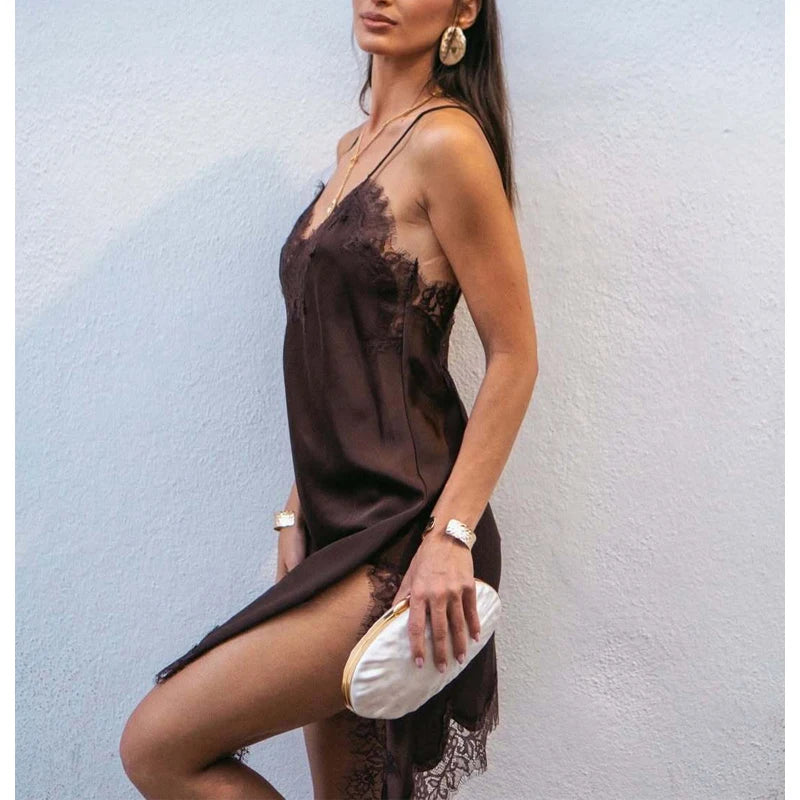 Robe Mini Dentelle Satin Dos Nu Femme — Asymétrique Fête Sexy Plage Été