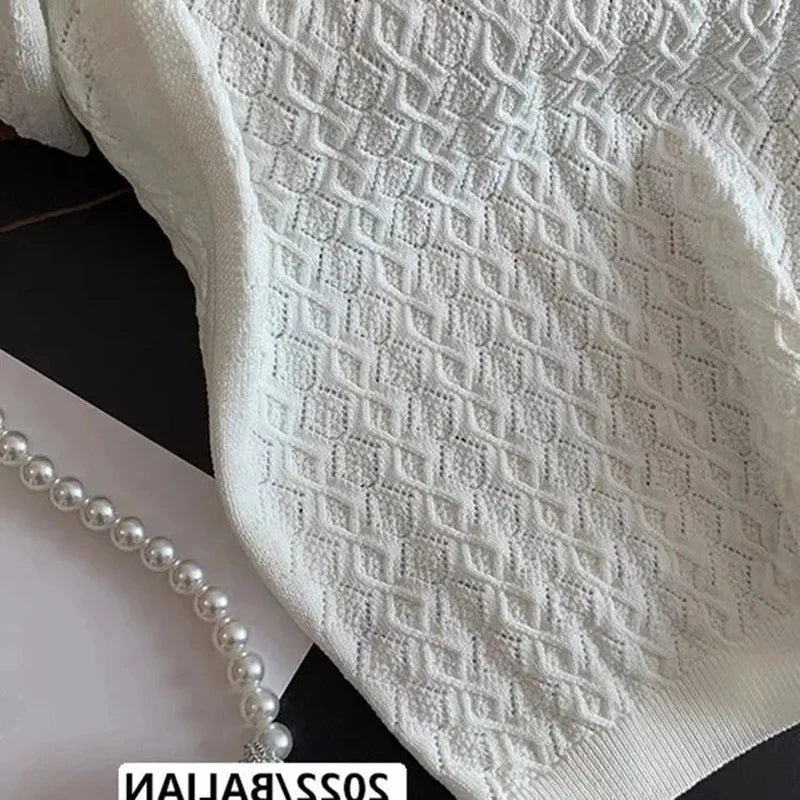Polo en soie glacée tricoté à manches courtes, T-shirt d'été chic et fin, hauts jacquard uniques pour femmes, style coréen 2026, vêtements pour femmes