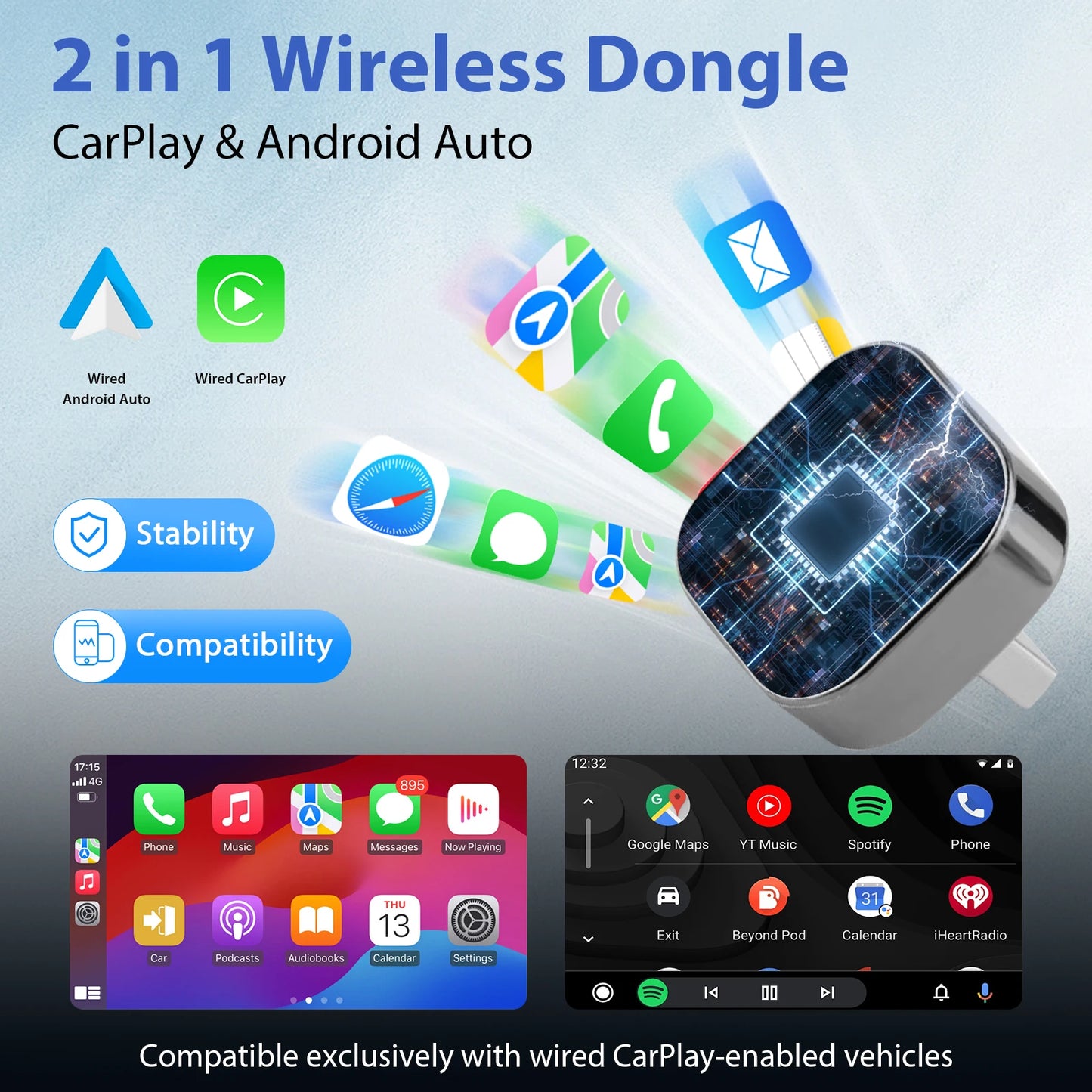 2026 Adaptador Inalámbrico CarPlay / Android Auto 2 en 1 Pionray - Conexión WiFi 5G Rápida - Plug and Play USB C