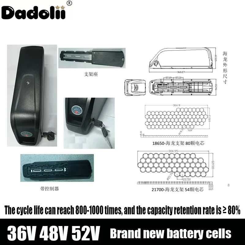 Batería Hailong BatBR para Bicicleta Eléctrica, 36V, 48V, 52V, 20Ah, 24Ah, Bicicleta de montaña, 18650, 21700, 1000, 750W, Bafang 500W,