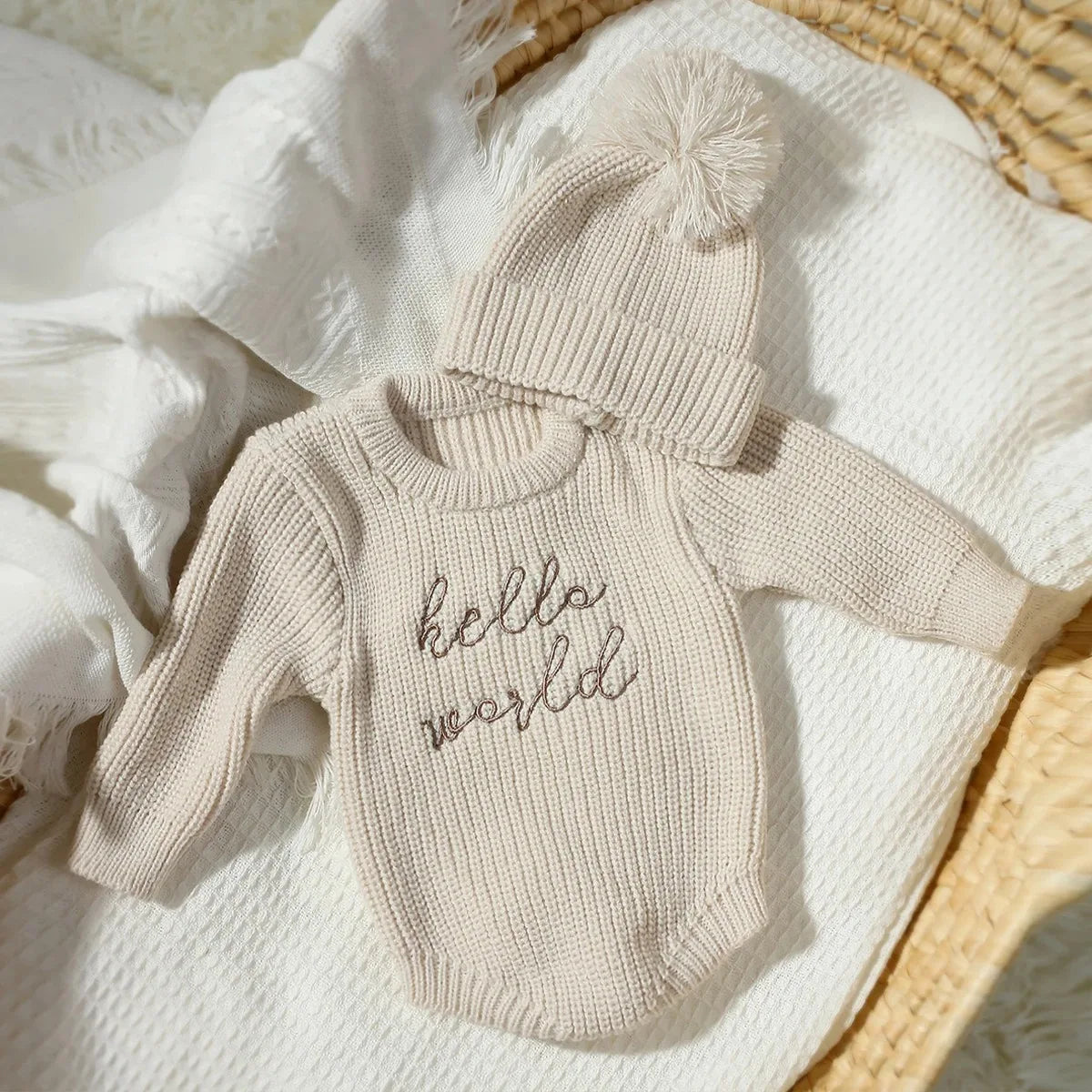 Hello World – pelele de punto para recién nacidos con gorro de pompones a juego, suéter para bebés niños y niñas, conjuntos para sesión de fotos, HD
