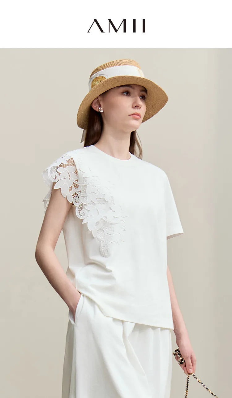 T-shirt femme 2026 été — col rond, coton, anti-transpiration, dentelle asymétrique, ample, manches courtes