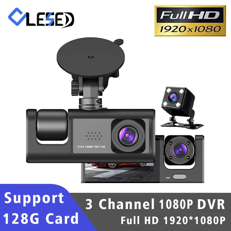Dashcam 3 Canaux HD 1080P Triple Lentille — DVR Véhicule Intérieur Enregistreur