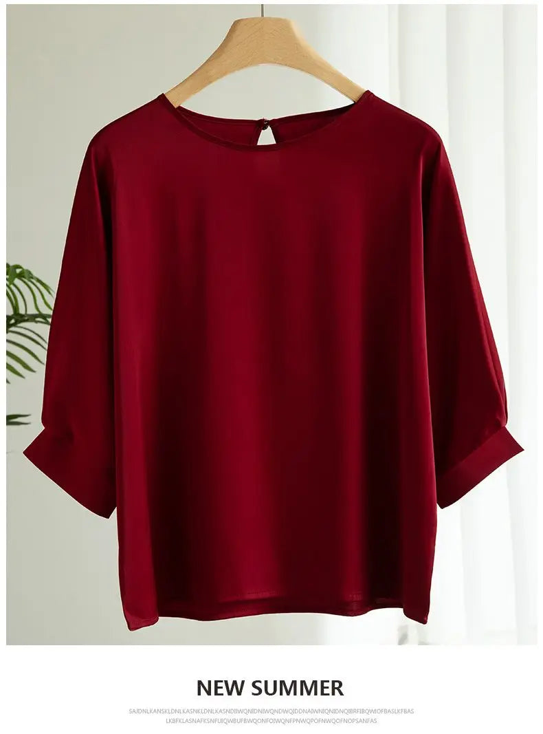 Nouveauté 2026 – T-shirt basique en satin de soie à manches courtes pour femme, col rond, coupe décontractée et légère, chemisier ample pour femme