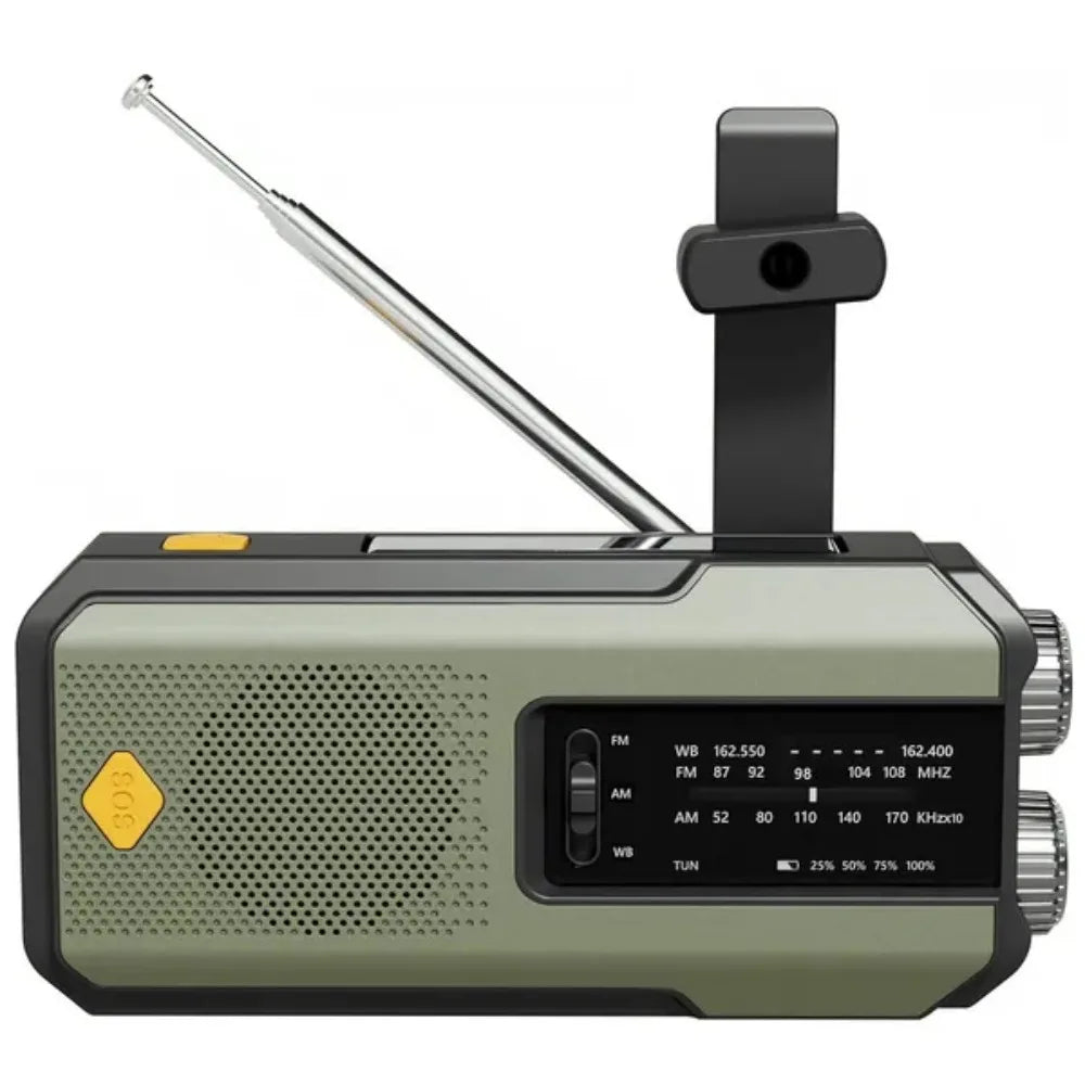 Radio météo d'urgence multifonctionnelle, FM AM WB, manivelle, charge USB solaire, batterie externe 2000mAh, lampe torche LED