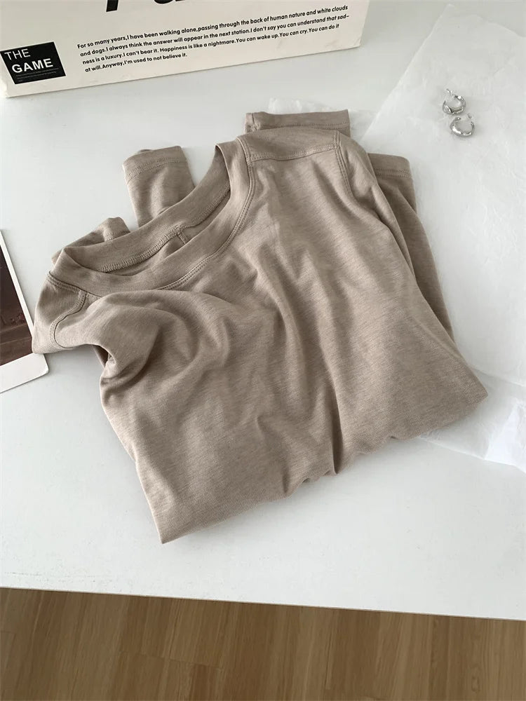 Camiseta de manga larga para mujer, de seda y lana empalmada, top fino, suave, ceroso, de color liso, para primavera y verano.