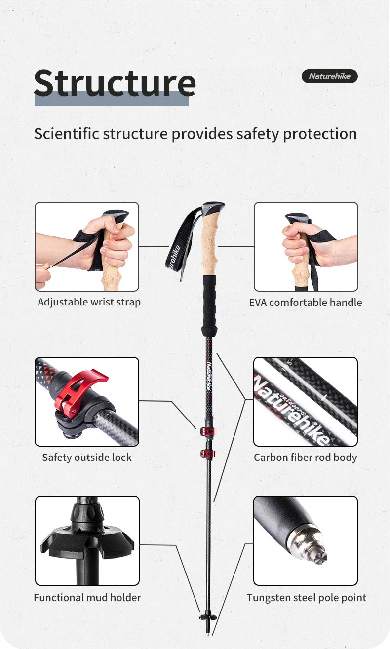 Naturehike baton de randonnée 2 pièces baton telescopique Fibre de carbone baton de marche randonnée léger accessoir randonnee Bâton d'escalade canne telescopique baton marche nordique carbone canne pliable randonnée