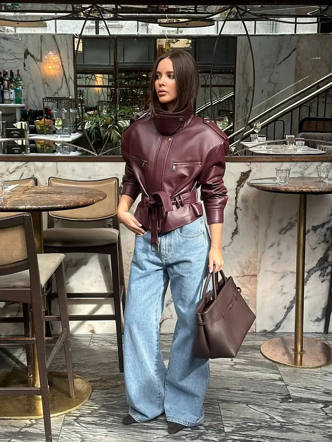 Women's Solid Burgundy Slim-Fit Lace-Up High-Neck Zip Bucket Fashion Short Jackets 2025 Ladies High Street Coat