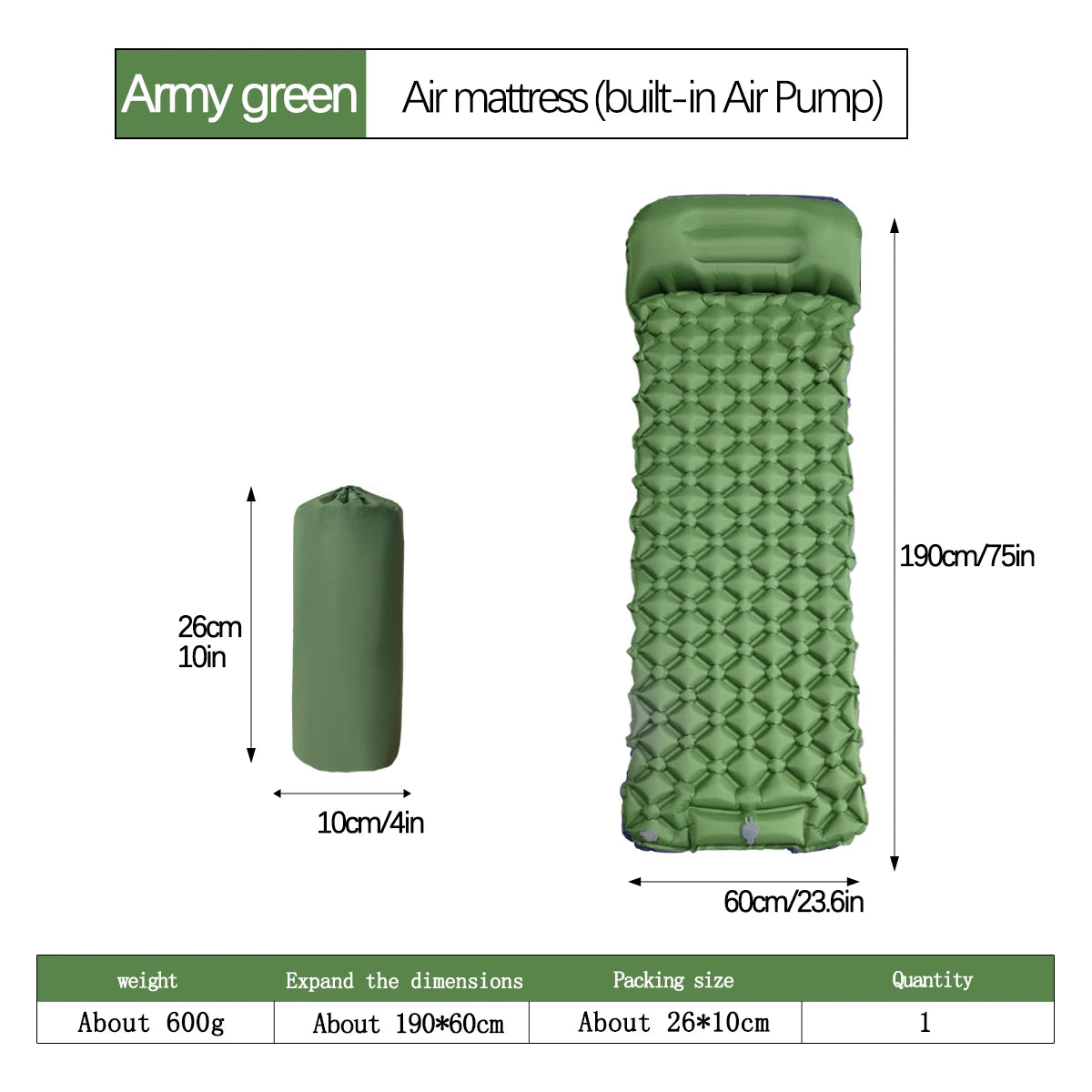 Matelas gonflable de camping en plein air, coussin de couchage avec oreillers, polymères d'air ultralégers, pompe de gonflage intégrée, randonnée