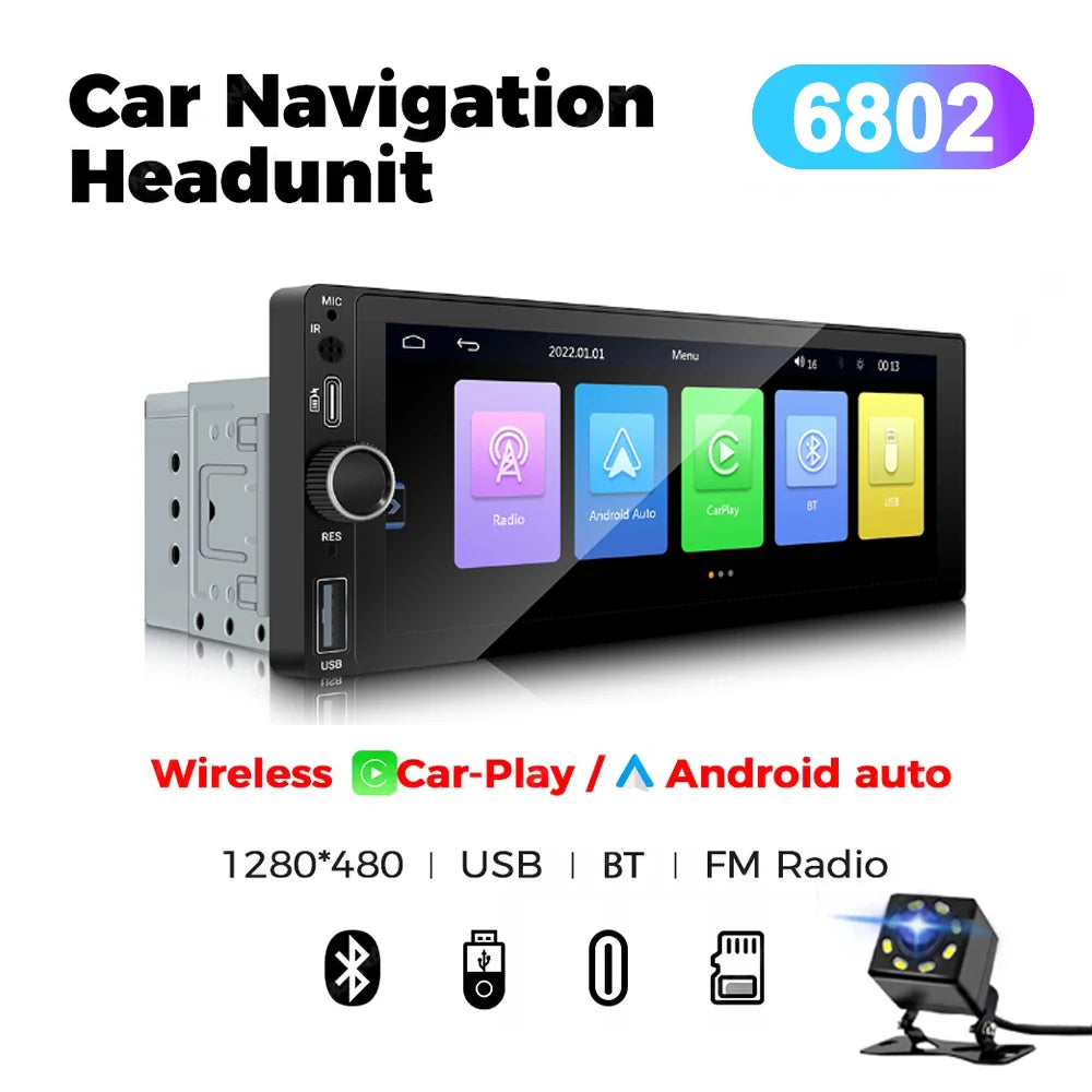 Autorradio universal MP5 de 1DIN y 6.86 pulgadas, compatible con Carplay inalámbrico, Android AUTO, AUX, USB, BT, pantalla táctil y reproductor de video multimedia.