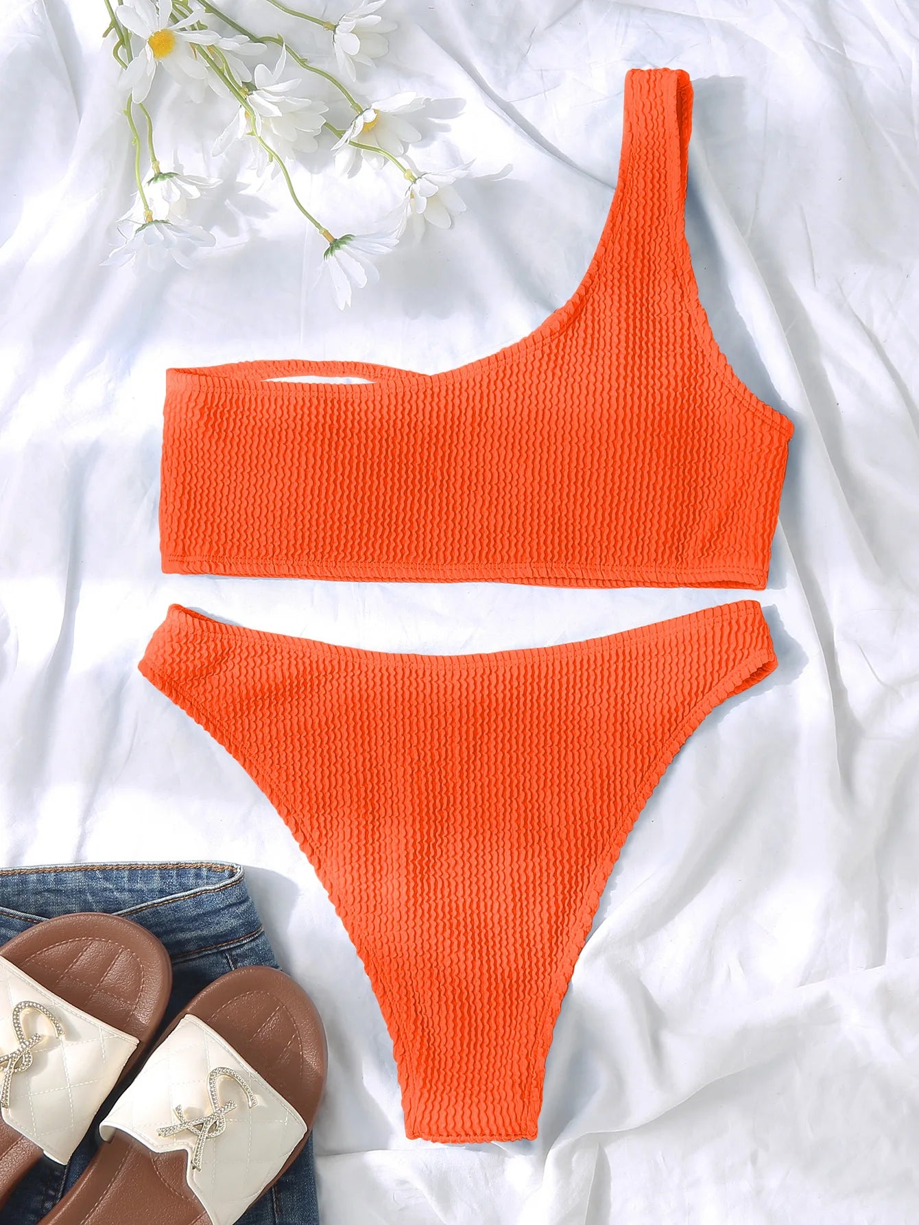 Une épaule Bikini texturé maillots de bain coupe haute maillot de bain solide maillot de bain femmes brésilien 2025 mode