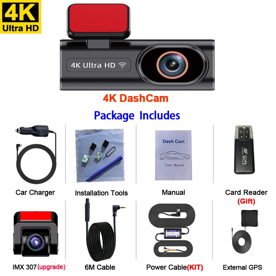 Ultra HD Dash Cam, 4K Loop Recording, Optional 24H Parking Monitoring, 1080P Night Vision, Rear Camera, Supports WiFi App Control