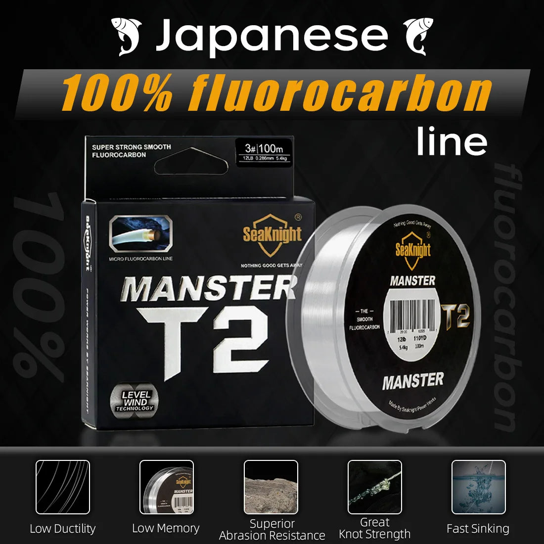 SeaKnight marque MANSTER T2 série 100% ligne de pêche en fluorocarbone 100M, ligne en Fiber de carbone 3-35LB mise à niveau ligne coulante pêche en mer