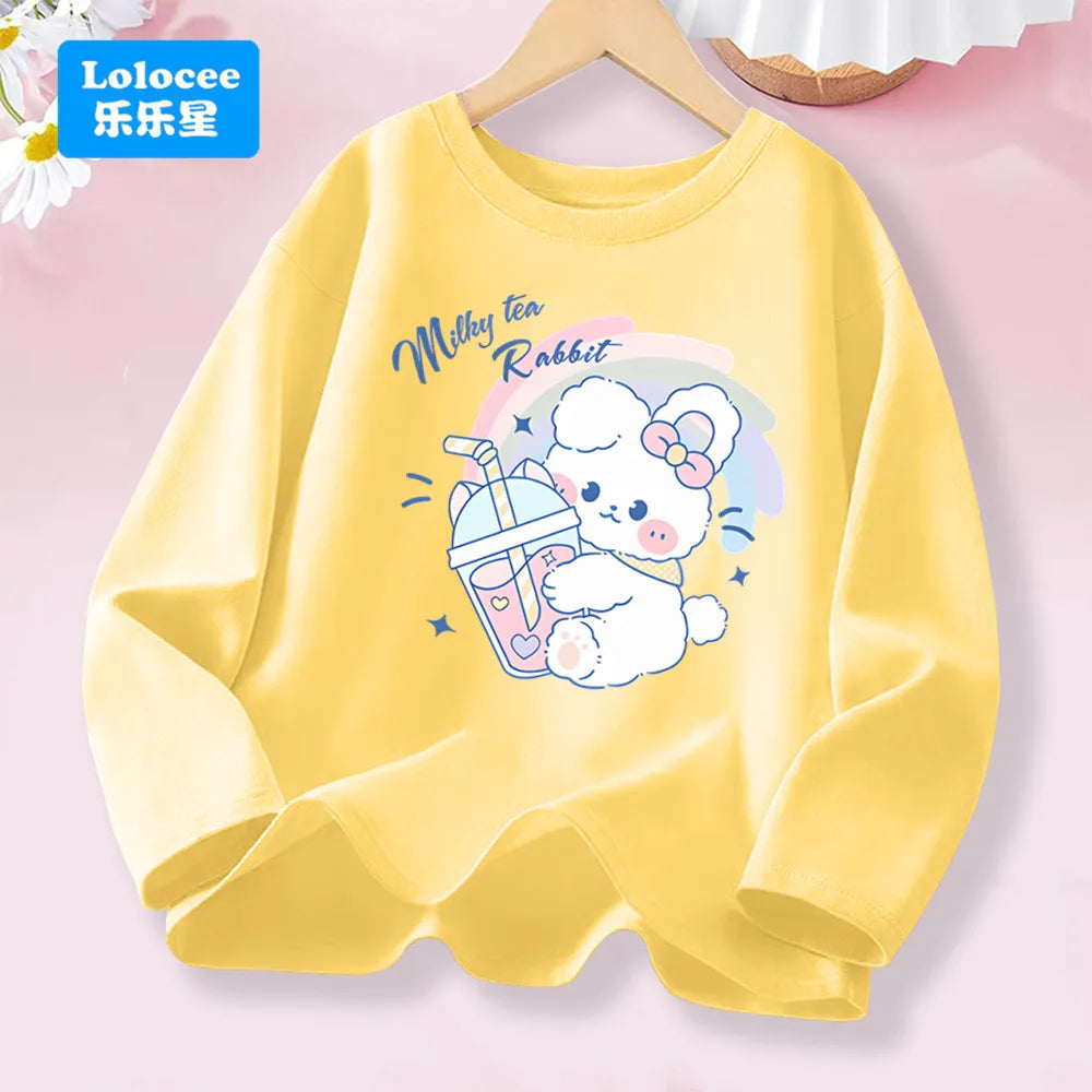 T-shirt rose à manches longues pour filles de 3 à 14 ans, haut en coton pour enfants, mignon "FRESH", imprimé boisson et Animal, nouvelle collection printemps 2026