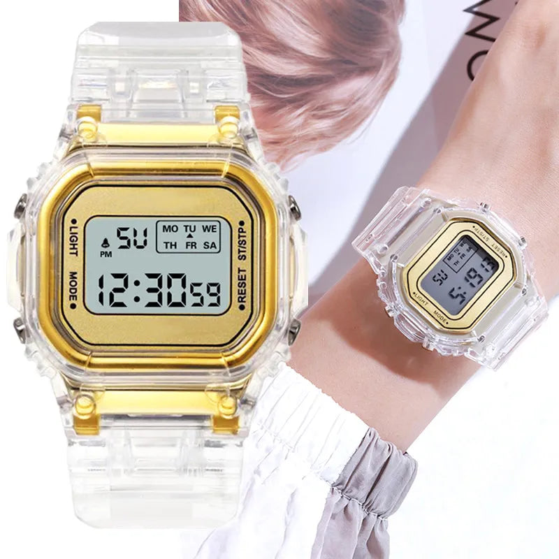 Reloj digital LED transparente para niños, hombres y mujeres, dial cuadrado pequeño, luminoso, deportivo, pulsera electrónica, reloj infantil