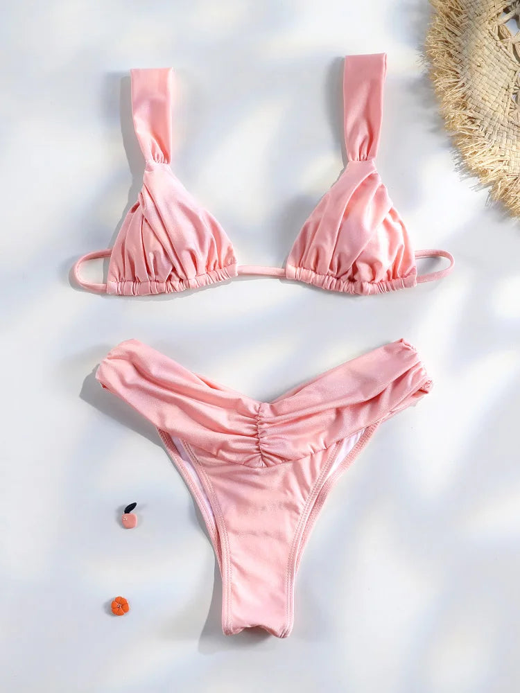 Sexy plis Bikini ensemble solide Micro Bikinis femmes maillot de bain femme Triangle maillots de bain vêtements de plage maillot de bain