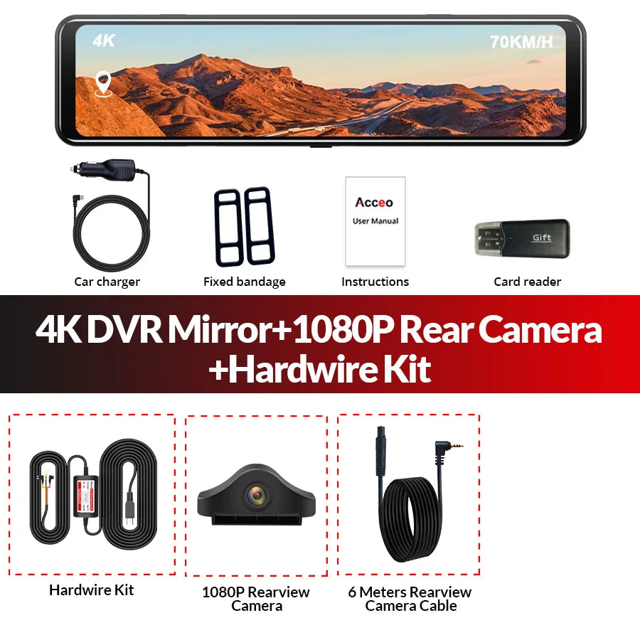 Dashcam 4K WiFi GPS 12" Tactile IPS — Rétroviseur Caméra Recul Enregistreur